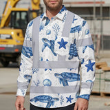 Hi Vis Hawaiian Long Sleeve Shirt Reflective Tapes Blue Flowers Turtle 2 Custom Name Safety Workwear For Workers, Truckers, Operators, Company