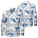 Hi Vis Hawaiian Long Sleeve Shirt Reflective Tapes Blue Flowers Turtle 2 Custom Name Safety Workwear For Workers, Truckers, Operators, Company