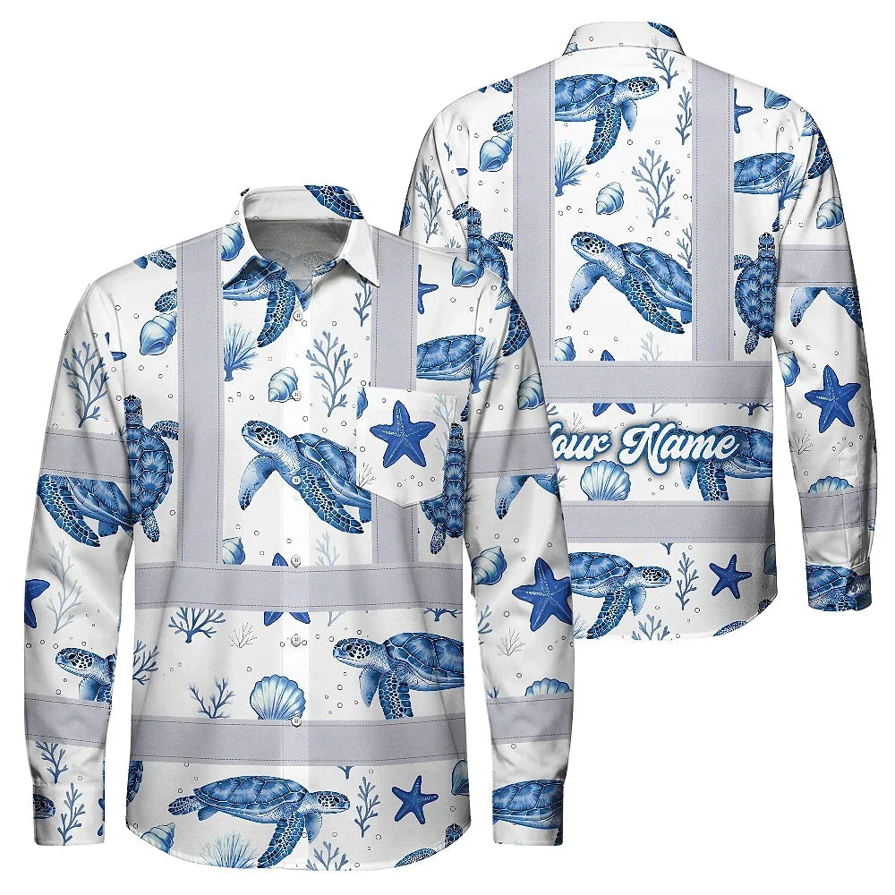 Hi Vis Hawaiian Long Sleeve Shirt Reflective Tapes Blue Flowers Turtle 2 Custom Name Safety Workwear For Workers, Truckers, Operators, Company