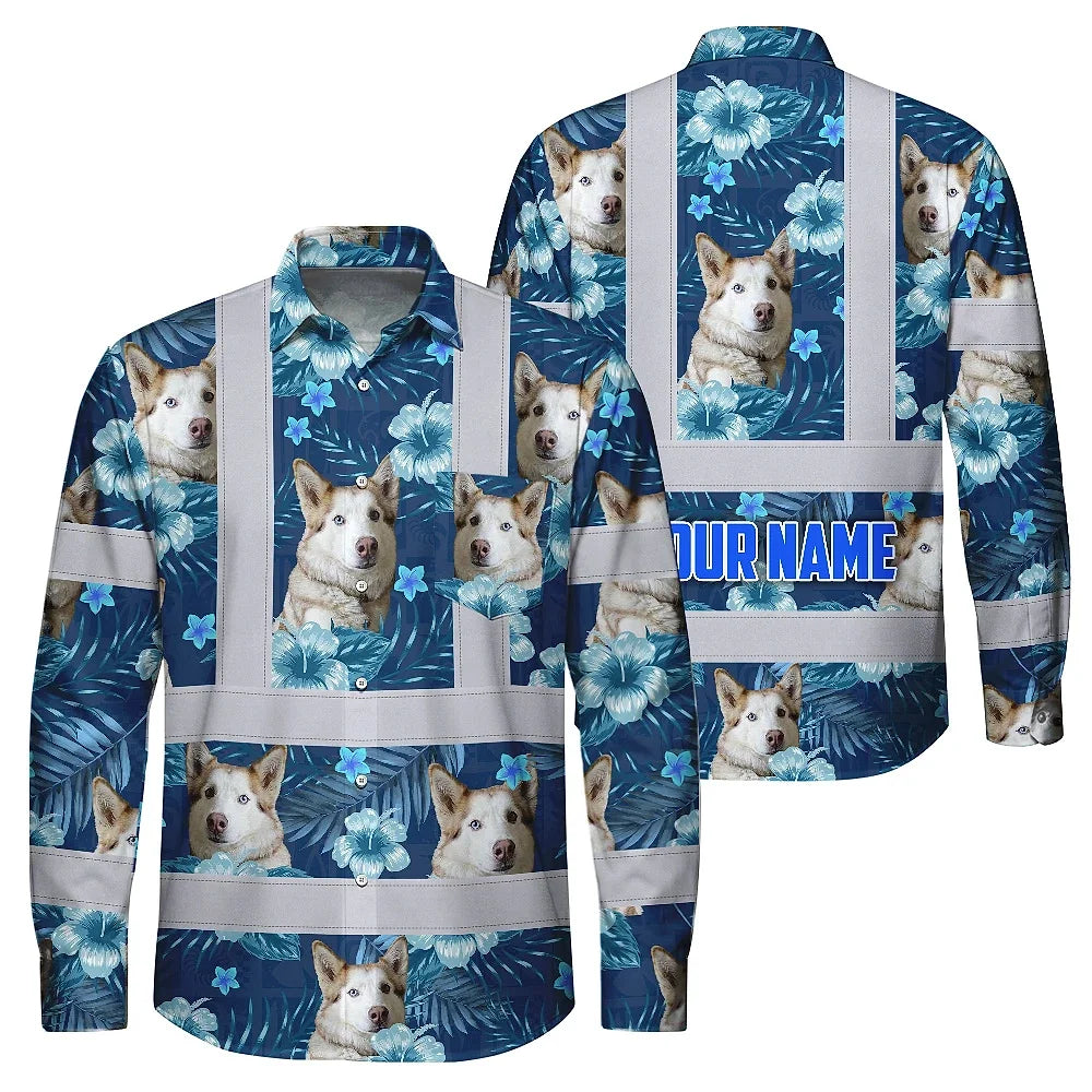 Hi Vis Hawaiian Long Sleeve Shirt Reflective Tapes Blue Flowers Custom Name And Image Safety Workwear For Workers, Truckers, Operators, Company, Pet Lovers