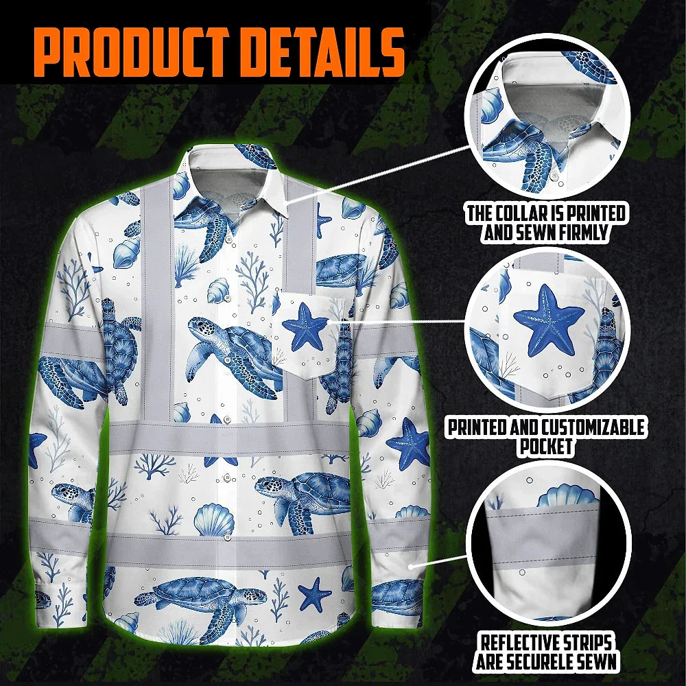 Hi Vis Hawaiian Long Sleeve Shirt Reflective Tapes Blue Flowers Turtle 2 Custom Name Safety Workwear For Workers, Truckers, Operators, Company