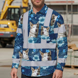 Hi Vis Hawaiian Long Sleeve Shirt Reflective Tapes Blue Flowers Custom Name And Image Safety Workwear For Workers, Truckers, Operators, Company, Pet Lovers