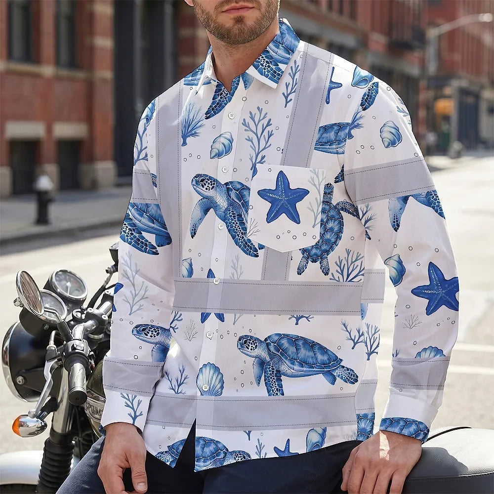 Hi Vis Hawaiian Long Sleeve Shirt Reflective Tapes Blue Flowers Turtle 2 Custom Name Safety Workwear For Workers, Truckers, Operators, Company