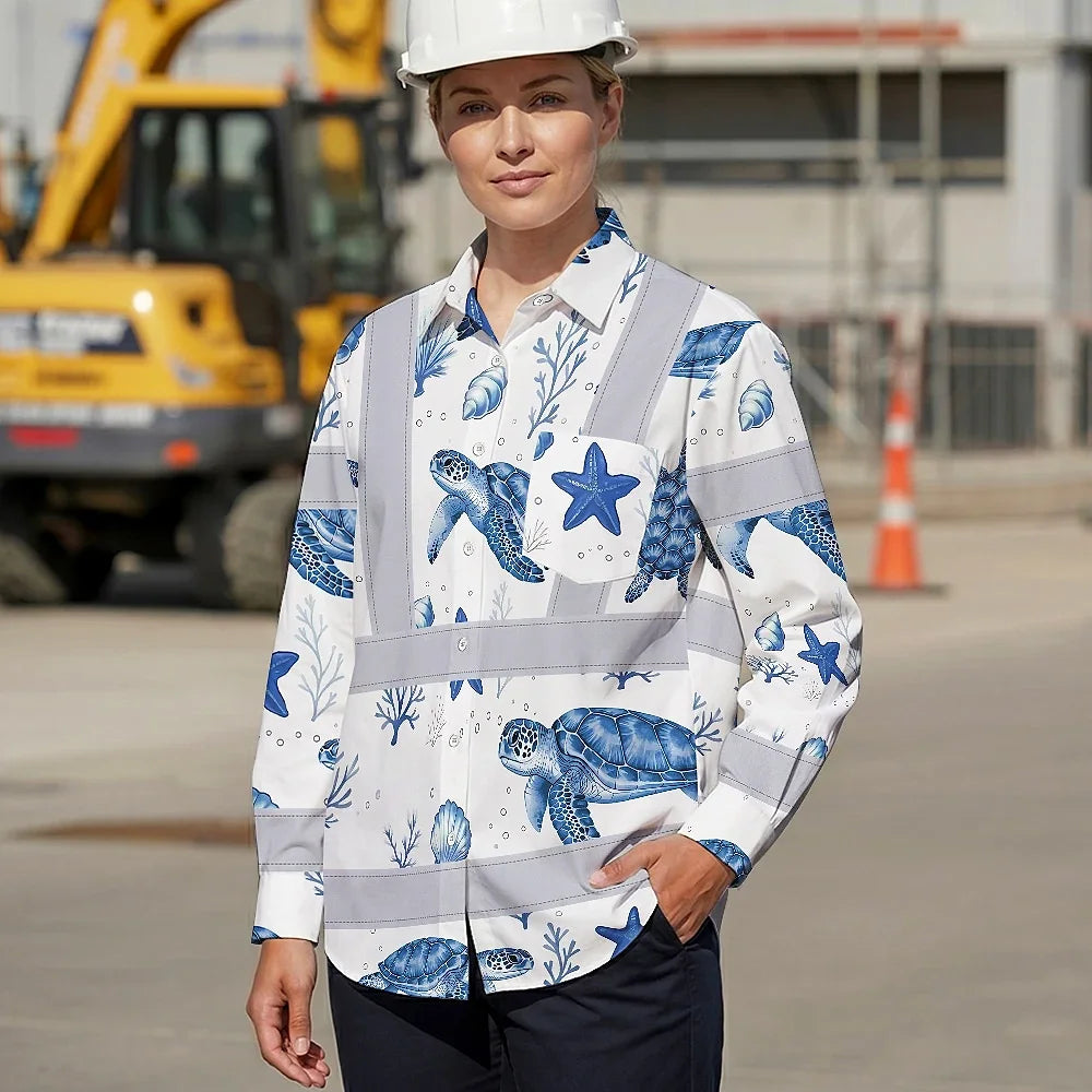 Hi Vis Hawaiian Long Sleeve Shirt Reflective Tapes Blue Flowers Turtle 2 Custom Name Safety Workwear For Workers, Truckers, Operators, Company
