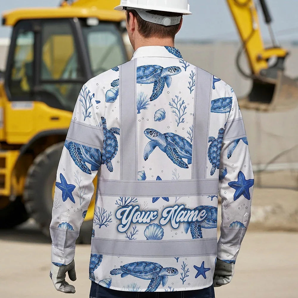 Hi Vis Hawaiian Long Sleeve Shirt Reflective Tapes Blue Flowers Turtle 2 Custom Name Safety Workwear For Workers, Truckers, Operators, Company