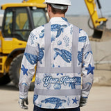 Hi Vis Hawaiian Long Sleeve Shirt Reflective Tapes Blue Flowers Turtle 2 Custom Name Safety Workwear For Workers, Truckers, Operators, Company