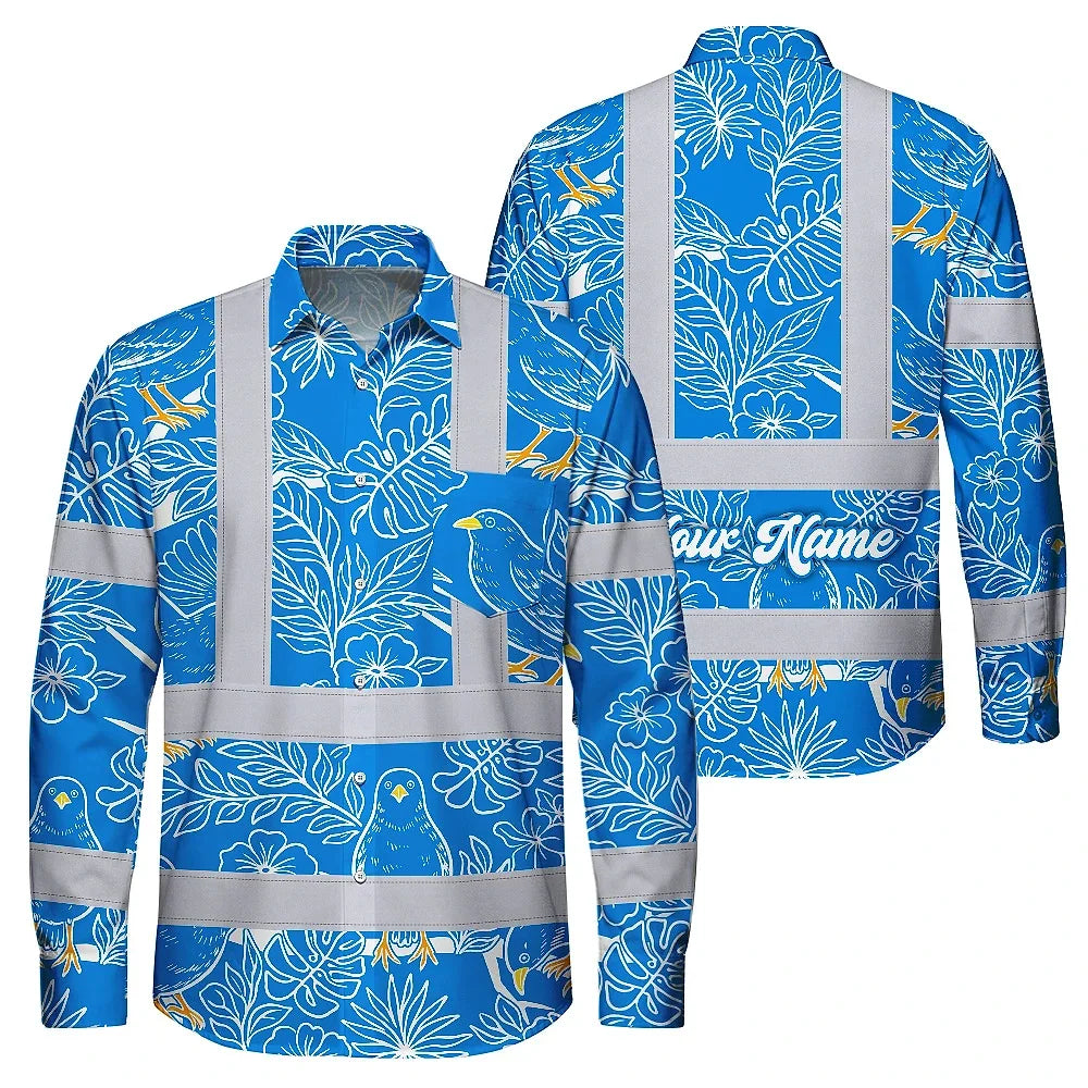 Hi Vis Hawaiian Long Sleeve Shirt Reflective Tapes Blue Neon White 2 Flowers Custom Name Safety Workwear For Workers, Truckers, Operators