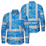 Hi Vis Hawaiian Long Sleeve Shirt Reflective Tapes Blue Neon White 2 Flowers Custom Name Safety Workwear For Workers, Truckers, Operators
