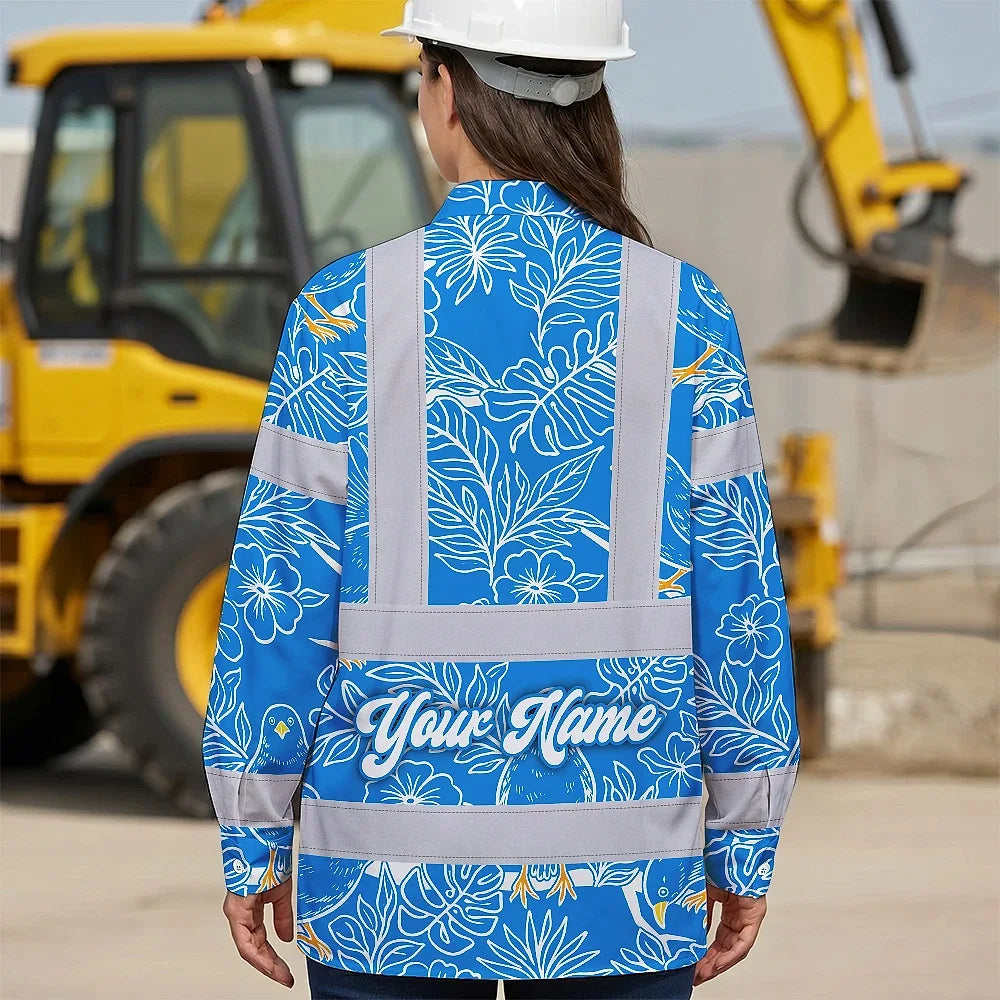 Hi Vis Hawaiian Long Sleeve Shirt Reflective Tapes Blue Neon White 2 Flowers Custom Name Safety Workwear For Workers, Truckers, Operators