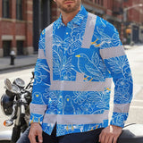 Hi Vis Hawaiian Long Sleeve Shirt Reflective Tapes Blue Neon White 2 Flowers Custom Name Safety Workwear For Workers, Truckers, Operators