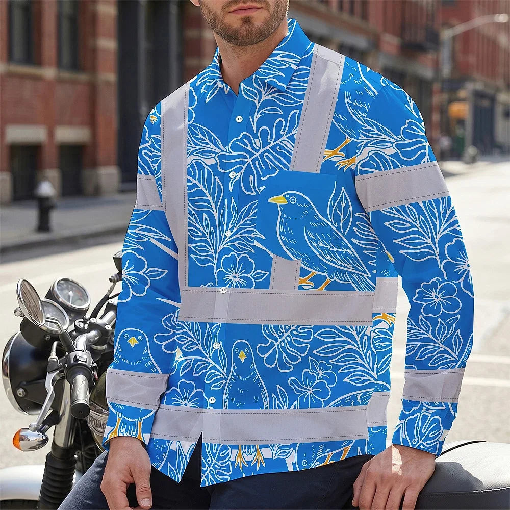 Hi Vis Hawaiian Long Sleeve Shirt Reflective Tapes Blue Neon White 2 Flowers Custom Name Safety Workwear For Workers, Truckers, Operators