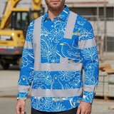 Hi Vis Hawaiian Long Sleeve Shirt Reflective Tapes Blue Neon White 2 Flowers Custom Name Safety Workwear For Workers, Truckers, Operators