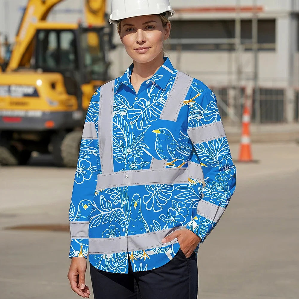 Hi Vis Hawaiian Long Sleeve Shirt Reflective Tapes Blue Neon White 2 Flowers Custom Name Safety Workwear For Workers, Truckers, Operators