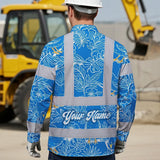 Hi Vis Hawaiian Long Sleeve Shirt Reflective Tapes Blue Neon White 2 Flowers Custom Name Safety Workwear For Workers, Truckers, Operators