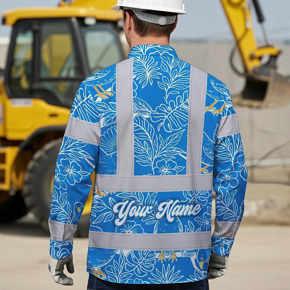 Hi Vis Hawaiian Long Sleeve Shirt Reflective Tapes Blue Neon White 2 Flowers Custom Name Safety Workwear For Workers, Truckers, Operators