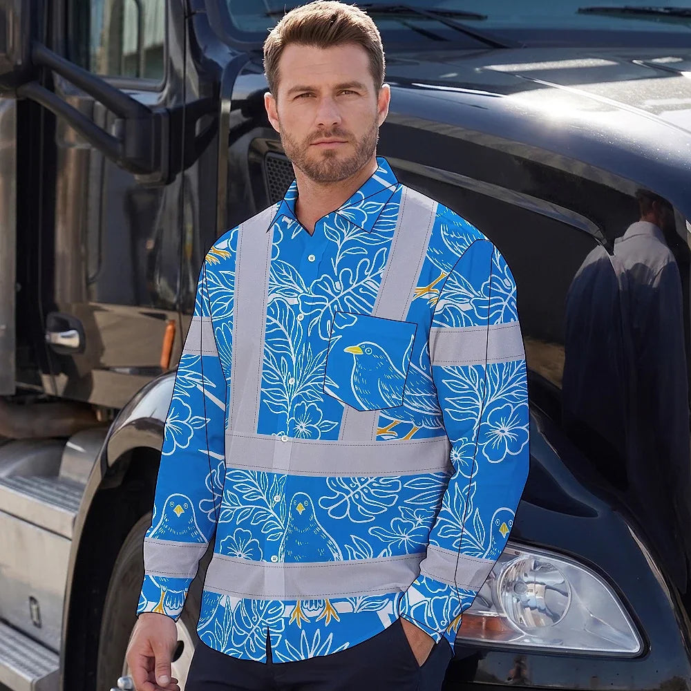 Hi Vis Hawaiian Long Sleeve Shirt Reflective Tapes Blue Neon White 2 Flowers Custom Name Safety Workwear For Workers, Truckers, Operators