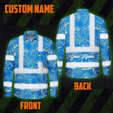 Hi Vis Hawaiian Long Sleeve Shirt Reflective Tapes Blue Neon White 2 Flowers Custom Name Safety Workwear For Workers, Truckers, Operators