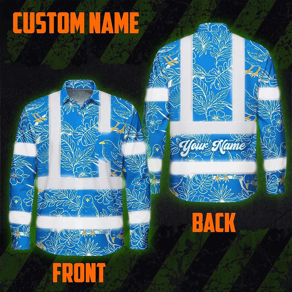 Hi Vis Hawaiian Long Sleeve Shirt Reflective Tapes Blue Neon White 2 Flowers Custom Name Safety Workwear For Workers, Truckers, Operators
