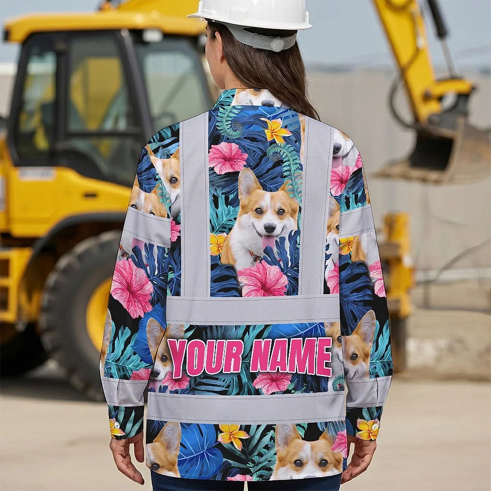 Hi Vis Hawaiian Long Sleeve Shirt Reflective Tapes Blue Pink Flowers Custom Name And Image Safety Workwear For Workers, Truckers, Operators, Company, Pet Lovers