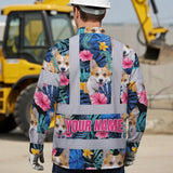 Hi Vis Hawaiian Long Sleeve Shirt Reflective Tapes Blue Pink Flowers Custom Name And Image Safety Workwear For Workers, Truckers, Operators, Company, Pet Lovers