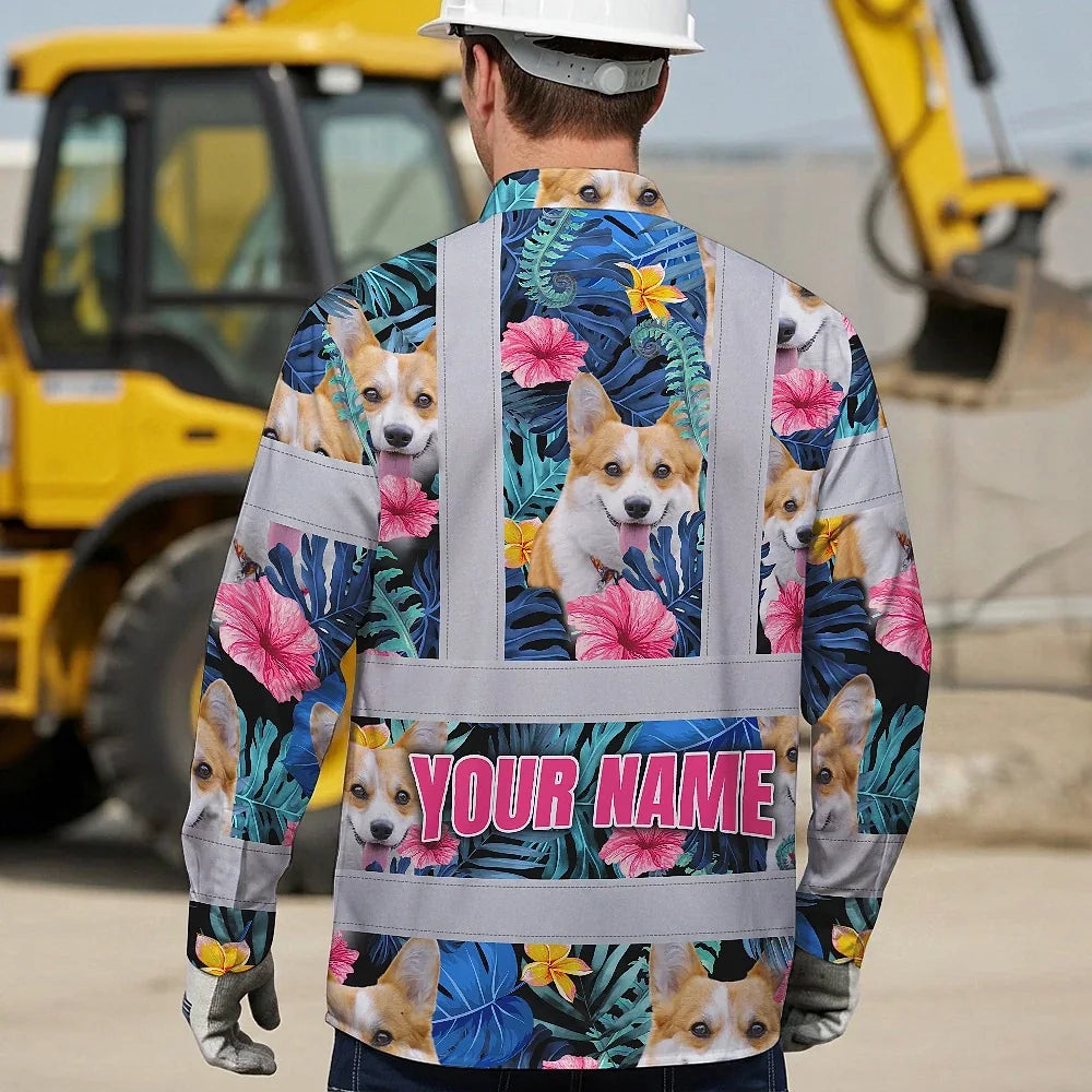 Hi Vis Hawaiian Long Sleeve Shirt Reflective Tapes Blue Pink Flowers Custom Name And Image Safety Workwear For Workers, Truckers, Operators, Company, Pet Lovers