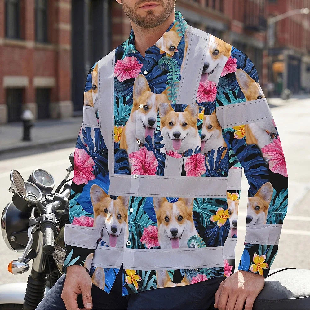 Hi Vis Hawaiian Long Sleeve Shirt Reflective Tapes Blue Pink Flowers Custom Name And Image Safety Workwear For Workers, Truckers, Operators, Company, Pet Lovers
