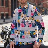 Hi Vis Hawaiian Long Sleeve Shirt Reflective Tapes Blue Pink Flowers Custom Name And Image Safety Workwear For Workers, Truckers, Operators, Company, Pet Lovers