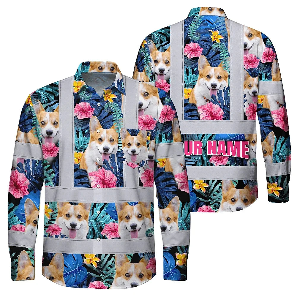 Hi Vis Hawaiian Long Sleeve Shirt Reflective Tapes Blue Pink Flowers Custom Name And Image Safety Workwear For Workers, Truckers, Operators, Company, Pet Lovers