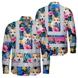 Hi Vis Hawaiian Long Sleeve Shirt Reflective Tapes Blue Pink Flowers Custom Name And Image Safety Workwear For Workers, Truckers, Operators, Company, Pet Lovers