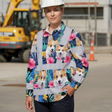 Hi Vis Hawaiian Long Sleeve Shirt Reflective Tapes Blue Pink Flowers Custom Name And Image Safety Workwear For Workers, Truckers, Operators, Company, Pet Lovers