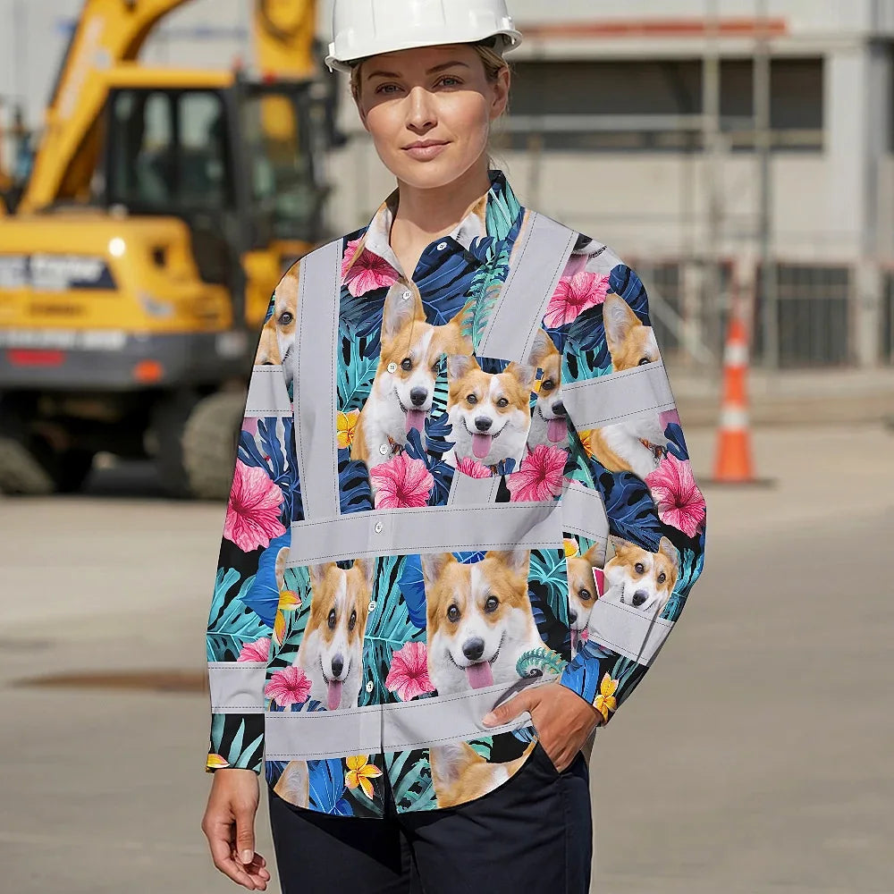 Hi Vis Hawaiian Long Sleeve Shirt Reflective Tapes Blue Pink Flowers Custom Name And Image Safety Workwear For Workers, Truckers, Operators, Company, Pet Lovers
