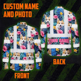 Hi Vis Hawaiian Long Sleeve Shirt Reflective Tapes Blue Pink Flowers Custom Name And Image Safety Workwear For Workers, Truckers, Operators, Company, Pet Lovers