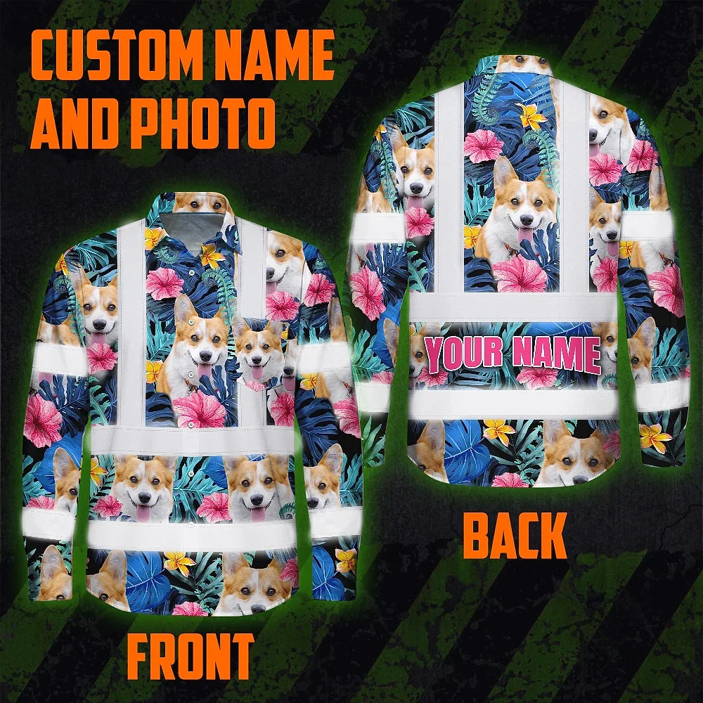 Hi Vis Hawaiian Long Sleeve Shirt Reflective Tapes Blue Pink Flowers Custom Name And Image Safety Workwear For Workers, Truckers, Operators, Company, Pet Lovers