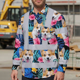 Hi Vis Hawaiian Long Sleeve Shirt Reflective Tapes Blue Pink Flowers Custom Name And Image Safety Workwear For Workers, Truckers, Operators, Company, Pet Lovers