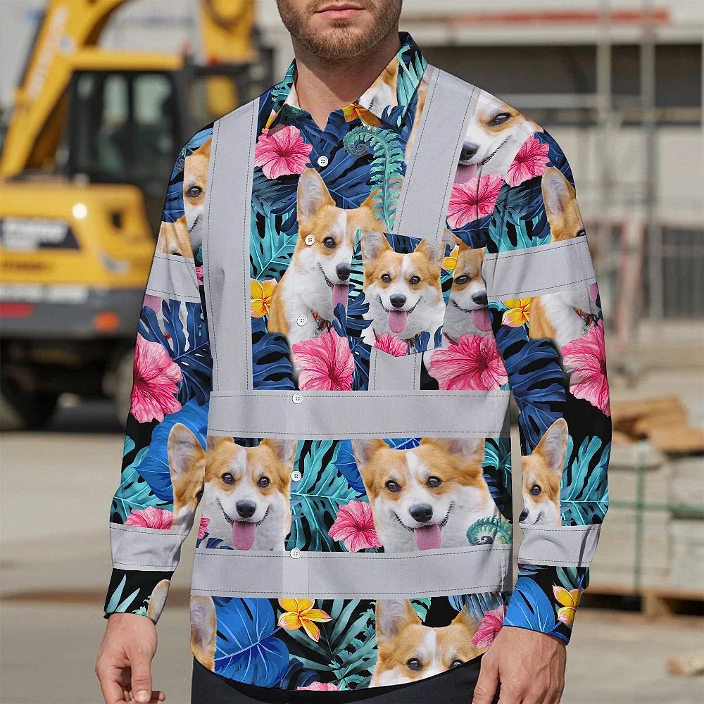 Hi Vis Hawaiian Long Sleeve Shirt Reflective Tapes Blue Pink Flowers Custom Name And Image Safety Workwear For Workers, Truckers, Operators, Company, Pet Lovers