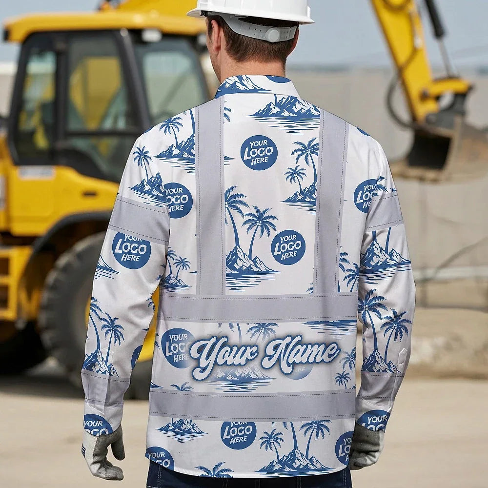 Hi Vis Hawaiian Long Sleeve Shirt Reflective Tapes Dark Blue And White Flowers Custom Name And Logo Safety Workwear For Workers, Truckers, Operators, Company
