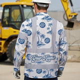 Hi Vis Hawaiian Long Sleeve Shirt Reflective Tapes Dark Blue And White Flowers Custom Name And Logo Safety Workwear For Workers, Truckers, Operators, Company