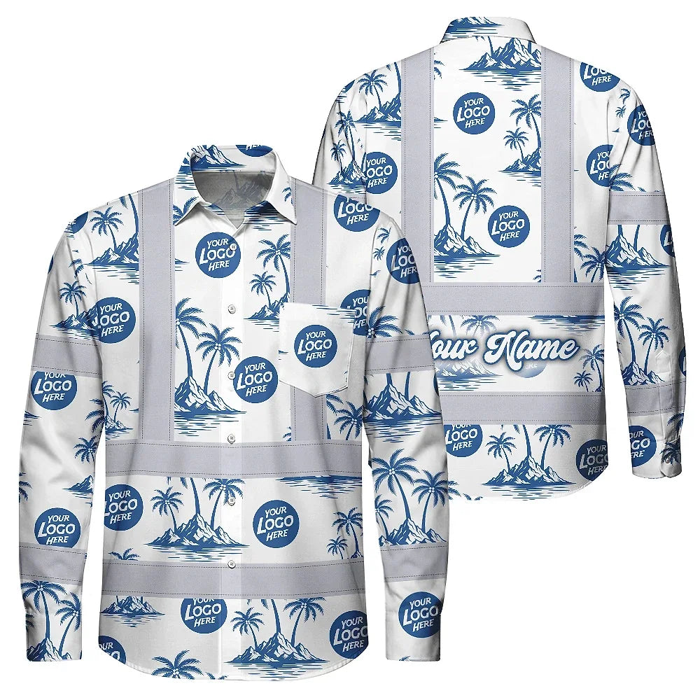 Hi Vis Hawaiian Long Sleeve Shirt Reflective Tapes Dark Blue And White Flowers Custom Name And Logo Safety Workwear For Workers, Truckers, Operators, Company