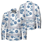 Hi Vis Hawaiian Long Sleeve Shirt Reflective Tapes Dark Blue And White Flowers Custom Name And Logo Safety Workwear For Workers, Truckers, Operators, Company