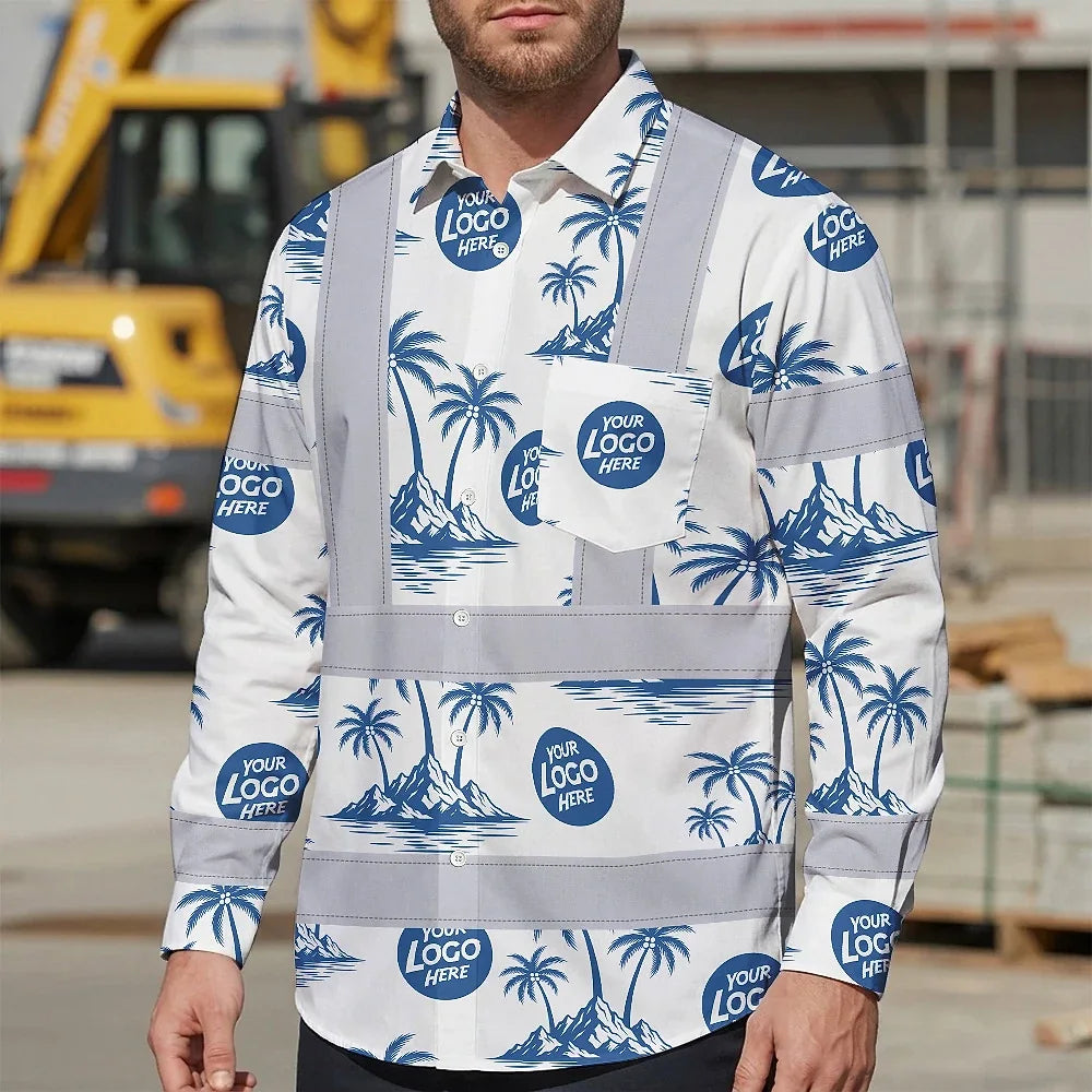 Hi Vis Hawaiian Long Sleeve Shirt Reflective Tapes Dark Blue And White Flowers Custom Name And Logo Safety Workwear For Workers, Truckers, Operators, Company