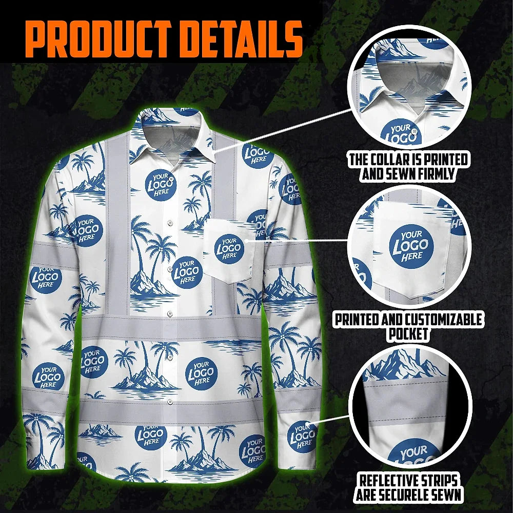 Hi Vis Hawaiian Long Sleeve Shirt Reflective Tapes Dark Blue And White Flowers Custom Name And Logo Safety Workwear For Workers, Truckers, Operators, Company