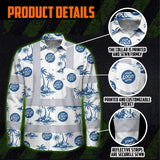 Hi Vis Hawaiian Long Sleeve Shirt Reflective Tapes Dark Blue And White Flowers Custom Name And Logo Safety Workwear For Workers, Truckers, Operators, Company