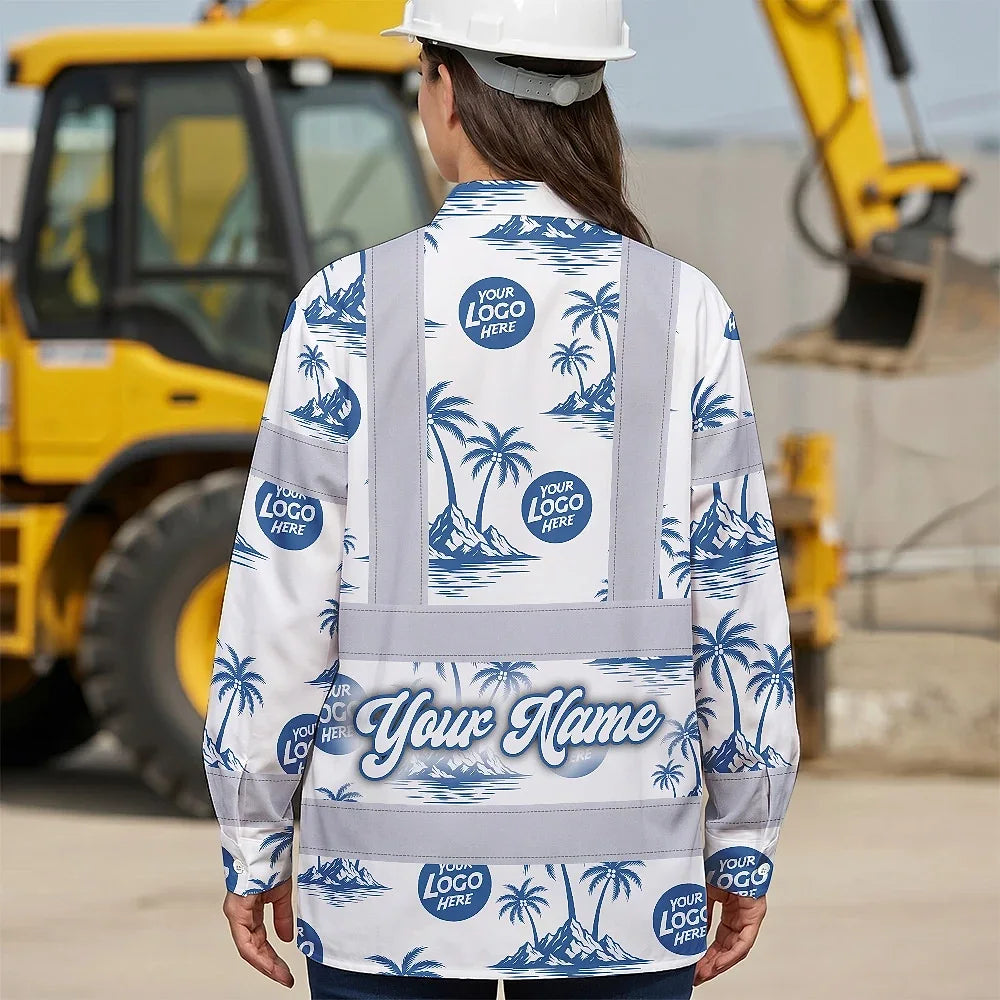 Hi Vis Hawaiian Long Sleeve Shirt Reflective Tapes Dark Blue And White Flowers Custom Name And Logo Safety Workwear For Workers, Truckers, Operators, Company