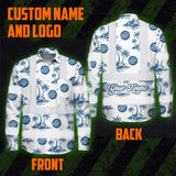 Hi Vis Hawaiian Long Sleeve Shirt Reflective Tapes Dark Blue And White Flowers Custom Name And Logo Safety Workwear For Workers, Truckers, Operators, Company