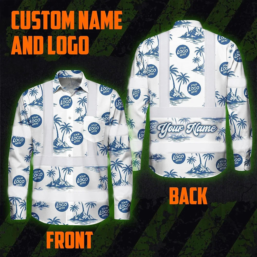 Hi Vis Hawaiian Long Sleeve Shirt Reflective Tapes Dark Blue And White Flowers Custom Name And Logo Safety Workwear For Workers, Truckers, Operators, Company