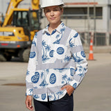 Hi Vis Hawaiian Long Sleeve Shirt Reflective Tapes Dark Blue And White Flowers Custom Name And Logo Safety Workwear For Workers, Truckers, Operators, Company