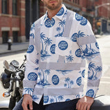 Hi Vis Hawaiian Long Sleeve Shirt Reflective Tapes Dark Blue And White Flowers Custom Name And Logo Safety Workwear For Workers, Truckers, Operators, Company
