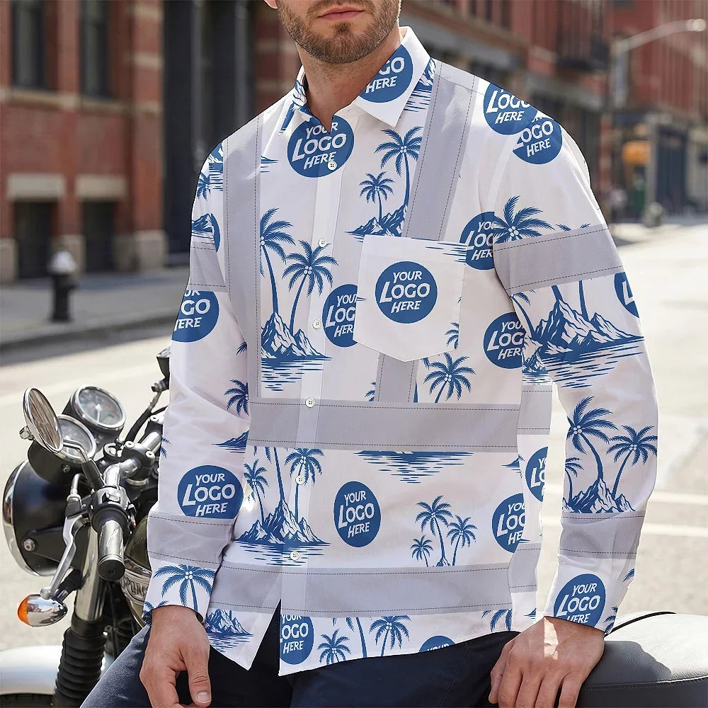 Hi Vis Hawaiian Long Sleeve Shirt Reflective Tapes Dark Blue And White Flowers Custom Name And Logo Safety Workwear For Workers, Truckers, Operators, Company