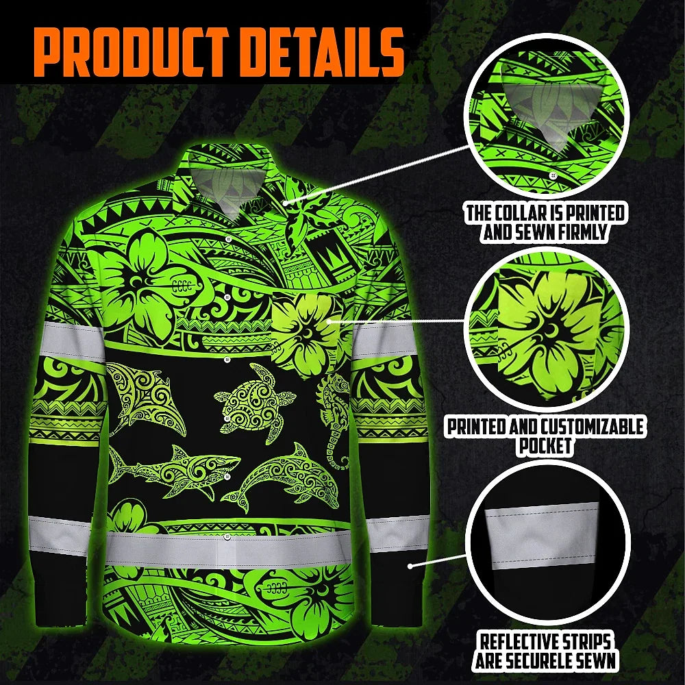 Hi Vis Hawaiian Long Sleeve Shirt Reflective Tapes Green Neon Hawaiian Polynesian Tribal Custom Name Safety Workwear For Workers, Truckers, Operators