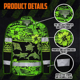 Hi Vis Hawaiian Long Sleeve Shirt Reflective Tapes Green Neon Hawaiian Polynesian Tribal Custom Name Safety Workwear For Workers, Truckers, Operators